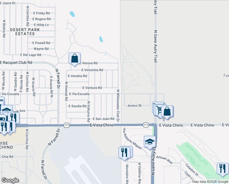 map of restaurants, bars, coffee shops, grocery stores, and more near 2190 North Whitewater Club Drive in Palm Springs