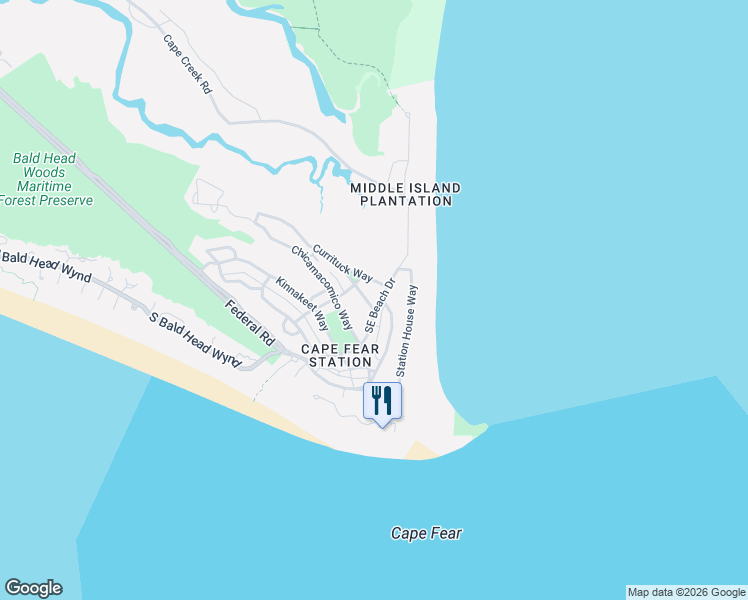 map of restaurants, bars, coffee shops, grocery stores, and more near 626 Currituck Way in Bald Head Island