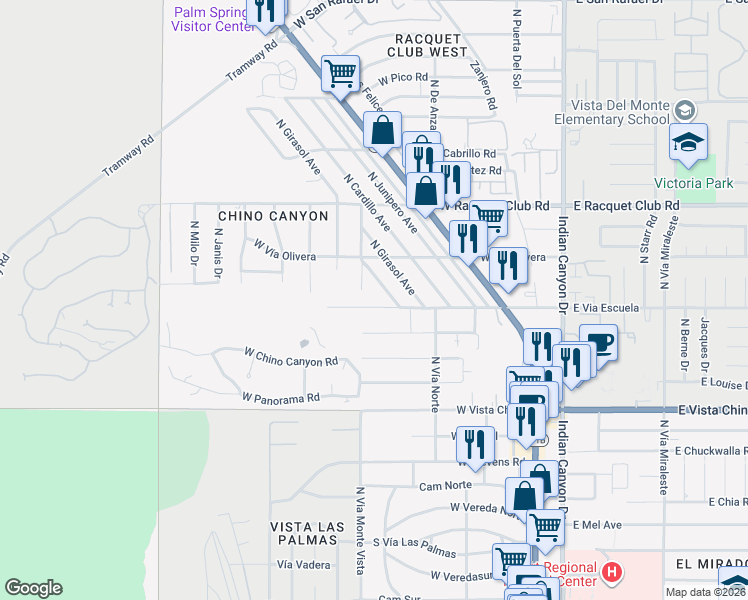 map of restaurants, bars, coffee shops, grocery stores, and more near 560 West Vía Escuela in Palm Springs