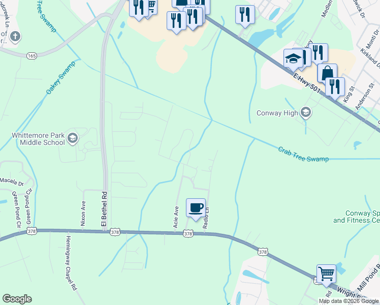 map of restaurants, bars, coffee shops, grocery stores, and more near 2346 West Road in Conway