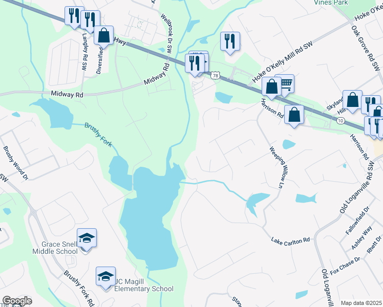 map of restaurants, bars, coffee shops, grocery stores, and more near 727 Weaver Falls Court in Loganville