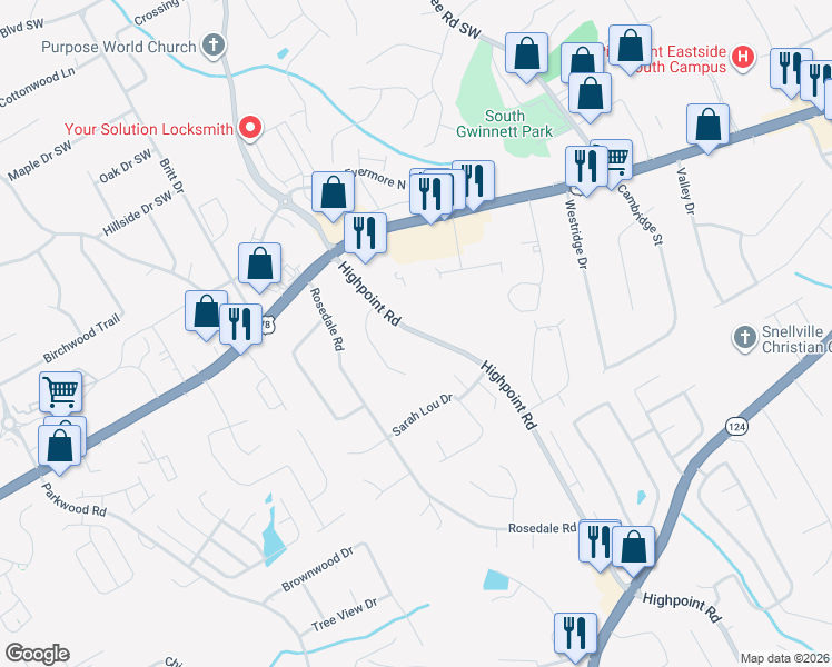 map of restaurants, bars, coffee shops, grocery stores, and more near 2247 Highpoint Road in Snellville
