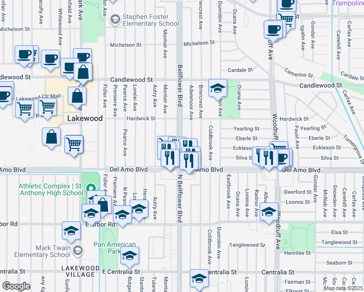 map of restaurants, bars, coffee shops, grocery stores, and more near 4956 Bellflower Boulevard in Lakewood