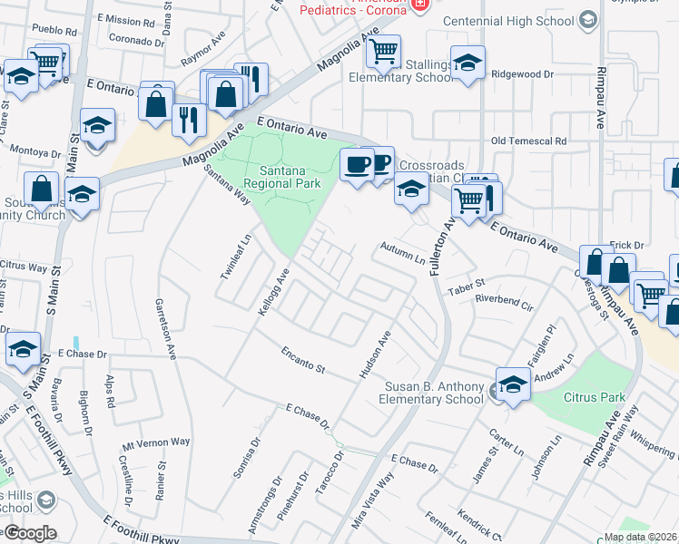 map of restaurants, bars, coffee shops, grocery stores, and more near 2514 Elmcrest Drive in Corona