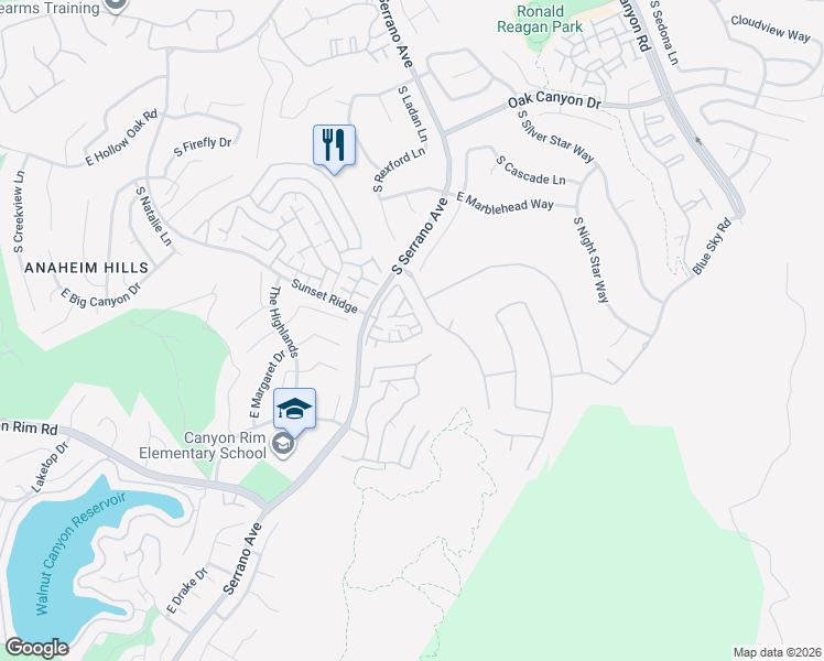 map of restaurants, bars, coffee shops, grocery stores, and more near 8102 East Santo Court in Anaheim