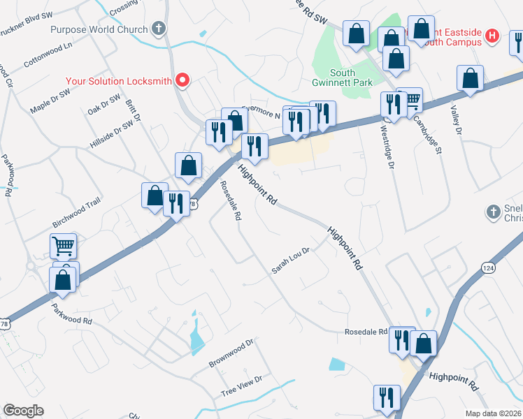 map of restaurants, bars, coffee shops, grocery stores, and more near 2215 Highpoint Road in Snellville