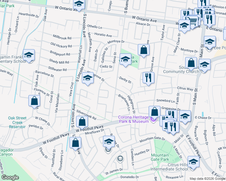 map of restaurants, bars, coffee shops, grocery stores, and more near 2824 South Buena Vista Avenue in Corona