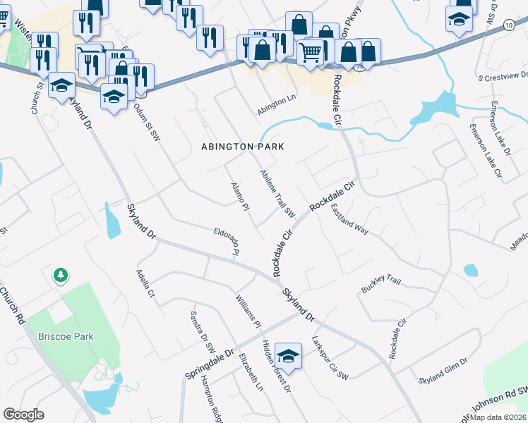 map of restaurants, bars, coffee shops, grocery stores, and more near 2167 Santa Fe Trail Southwest in Snellville