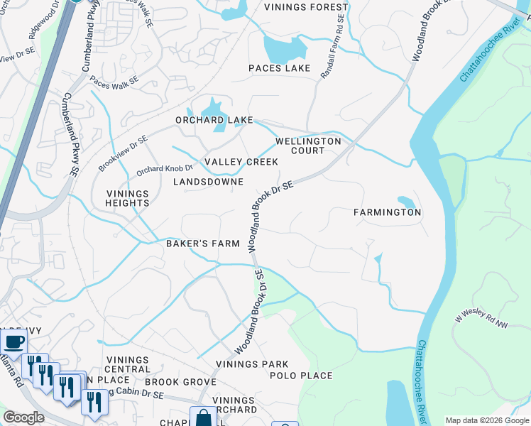 map of restaurants, bars, coffee shops, grocery stores, and more near 4297 Woodland Brook Drive Southeast in Atlanta