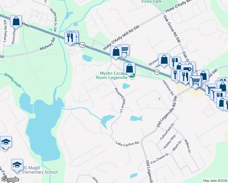 map of restaurants, bars, coffee shops, grocery stores, and more near 463 Bradford Park Court in Loganville