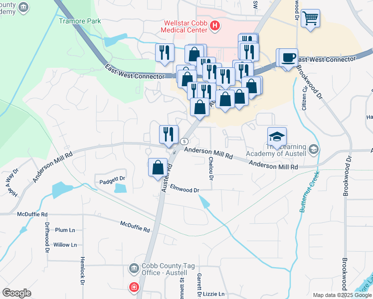 map of restaurants, bars, coffee shops, grocery stores, and more near Anderson Mill Road in Austell