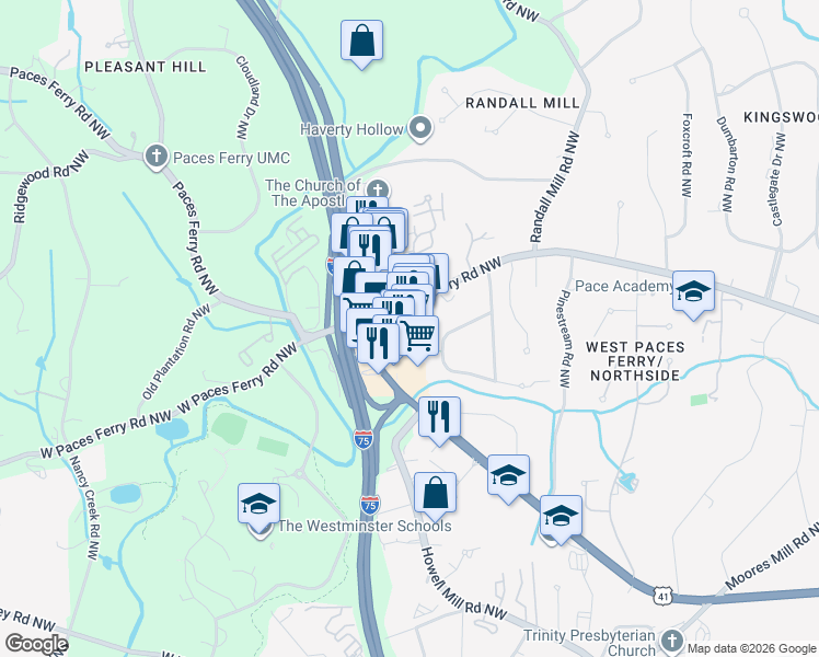 map of restaurants, bars, coffee shops, grocery stores, and more near 1228 West Paces Ferry Road Northwest in Atlanta