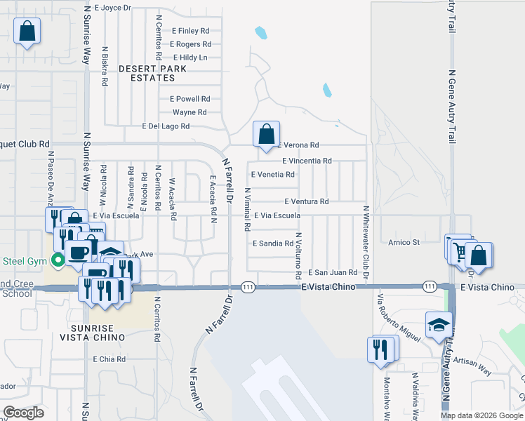 map of restaurants, bars, coffee shops, grocery stores, and more near 2791 East Ventura Road in Palm Springs