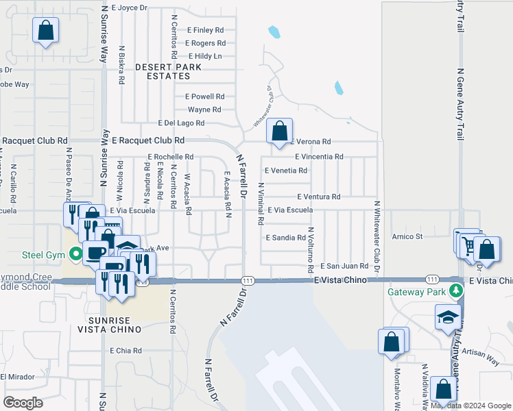 map of restaurants, bars, coffee shops, grocery stores, and more near 2173 North Viminal Road in Palm Springs