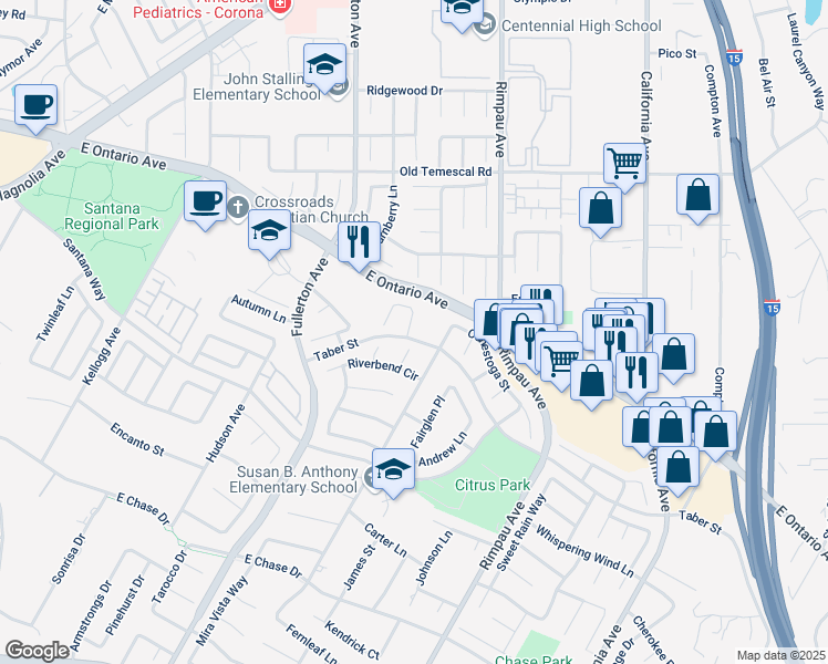 map of restaurants, bars, coffee shops, grocery stores, and more near 2359 Calvert Street in Corona