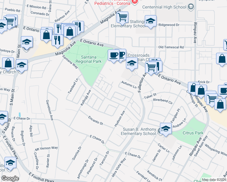 map of restaurants, bars, coffee shops, grocery stores, and more near 2514 Elmcrest Drive in Corona