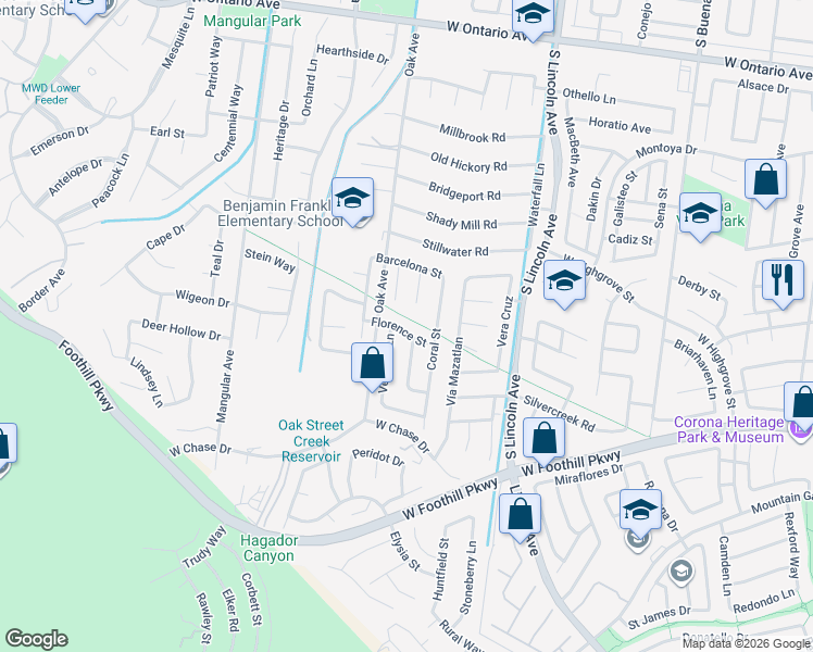 map of restaurants, bars, coffee shops, grocery stores, and more near 1277 Florence Street in Corona