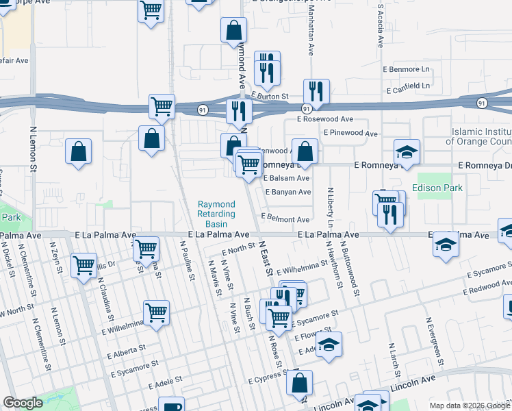 map of restaurants, bars, coffee shops, grocery stores, and more near 1120 North East Street in Anaheim