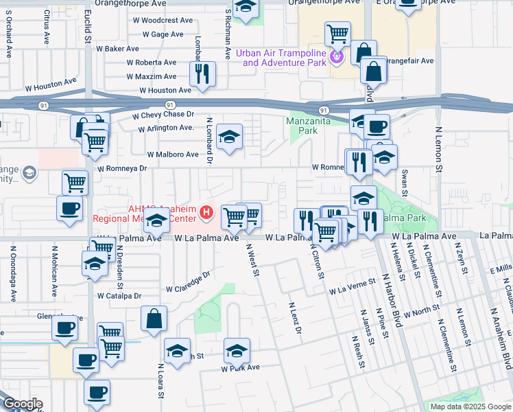 map of restaurants, bars, coffee shops, grocery stores, and more near 1135 North Leisure Court in Anaheim