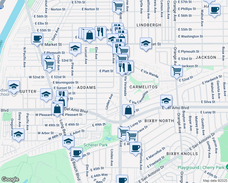 map of restaurants, bars, coffee shops, grocery stores, and more near 492 East Sunset Street in Long Beach