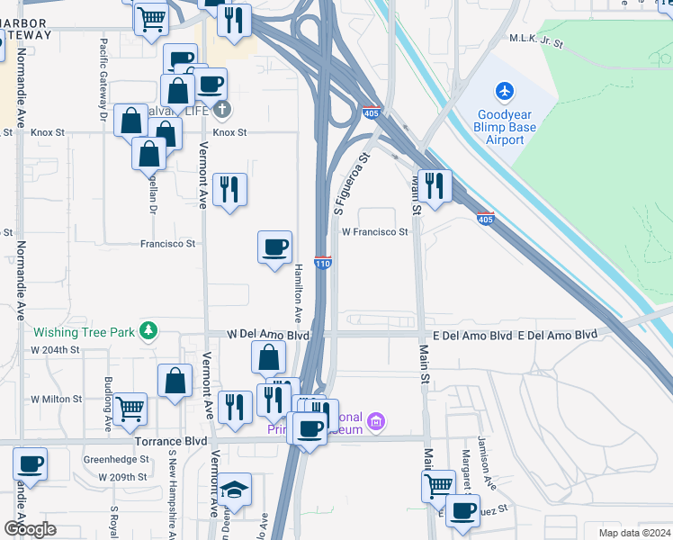map of restaurants, bars, coffee shops, grocery stores, and more near 20100 South Figueroa Street in Carson