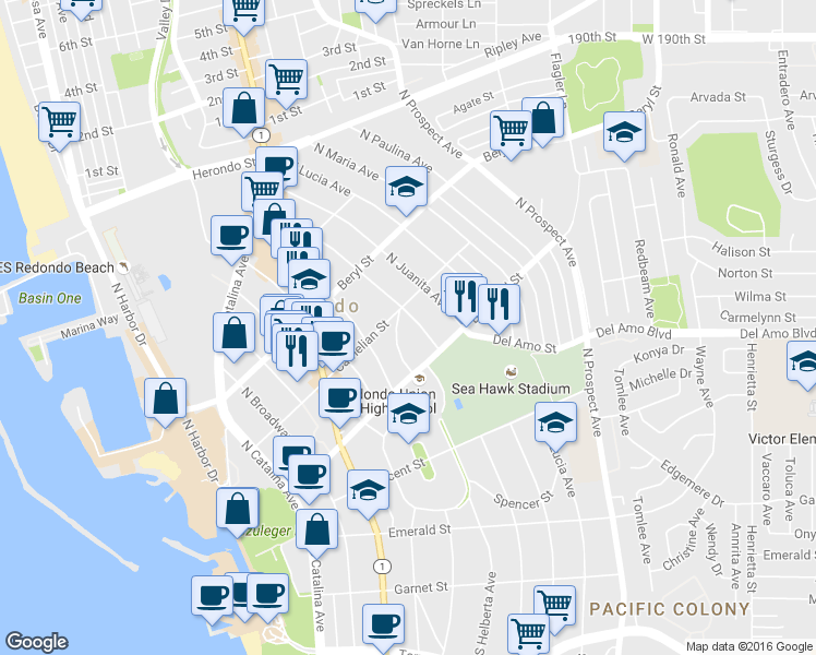 map of restaurants, bars, coffee shops, grocery stores, and more near 523 North Irena Avenue in Redondo Beach