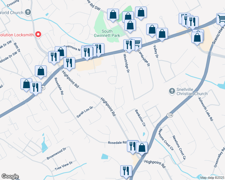 map of restaurants, bars, coffee shops, grocery stores, and more near 2930 Spruce Circle in Snellville