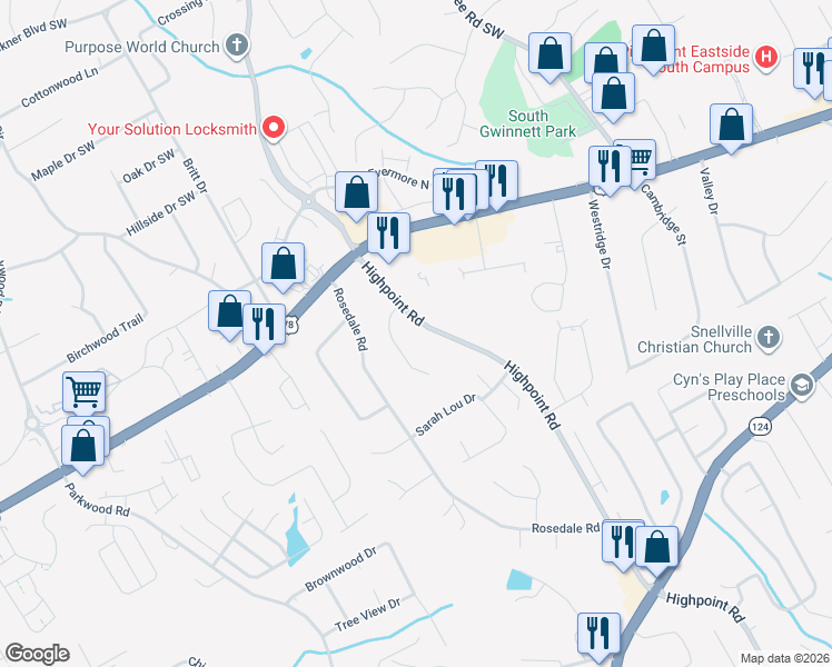 map of restaurants, bars, coffee shops, grocery stores, and more near 2215 Highpoint Road in Snellville
