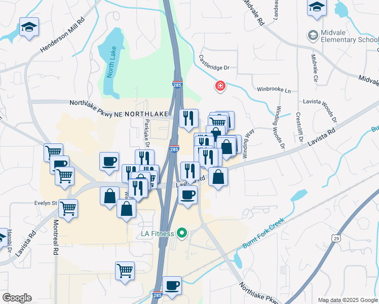 map of restaurants, bars, coffee shops, grocery stores, and more near 2190 Northlake Parkway in Tucker