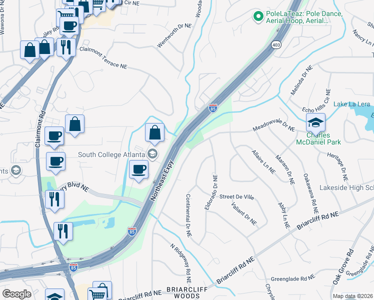 map of restaurants, bars, coffee shops, grocery stores, and more near in DeKalb County