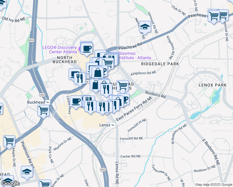 map of restaurants, bars, coffee shops, grocery stores, and more near 3460 Lakeside Drive Northeast in Atlanta