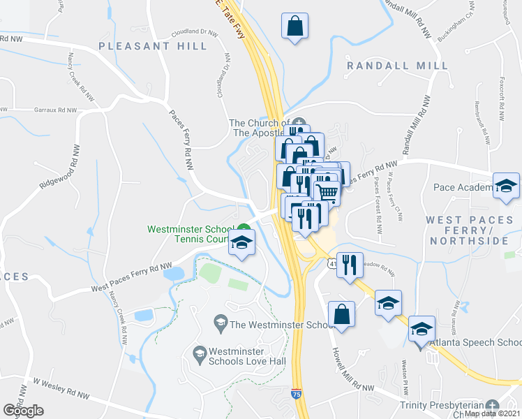 map of restaurants, bars, coffee shops, grocery stores, and more near 1401 Paces Ferry Road Northwest in Atlanta
