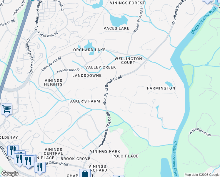 map of restaurants, bars, coffee shops, grocery stores, and more near 4297 Woodland Brook Drive Southeast in Atlanta
