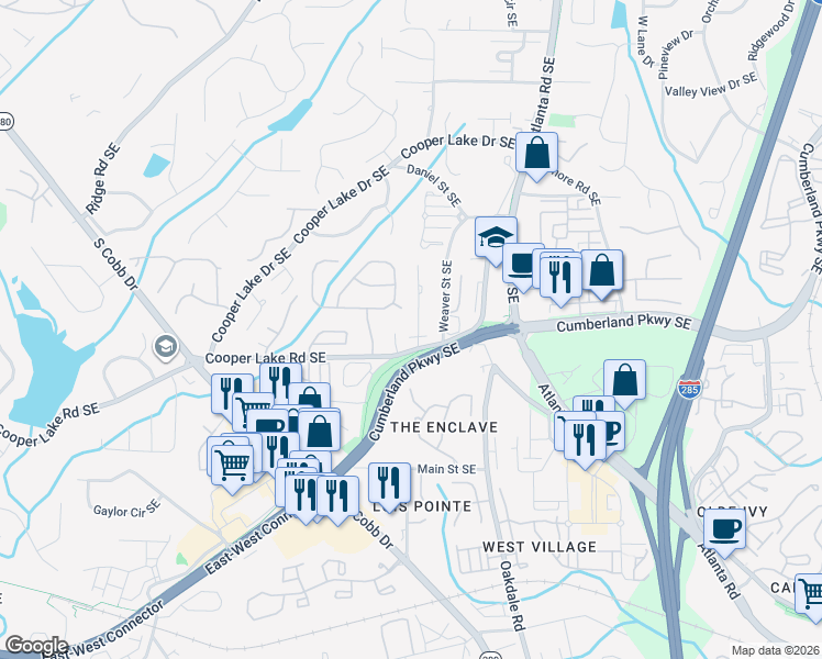 map of restaurants, bars, coffee shops, grocery stores, and more near 4300 Maner Street Southeast in Smyrna