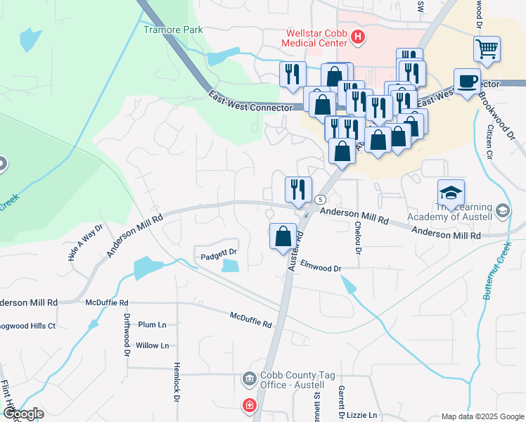 map of restaurants, bars, coffee shops, grocery stores, and more near 4316 Kousa Road in Austell