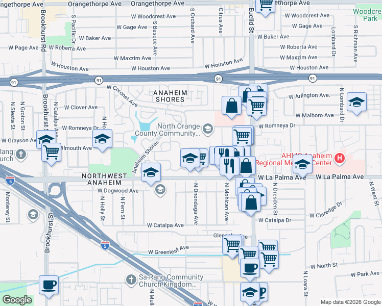 map of restaurants, bars, coffee shops, grocery stores, and more near 1151 North Onondaga Avenue in Anaheim