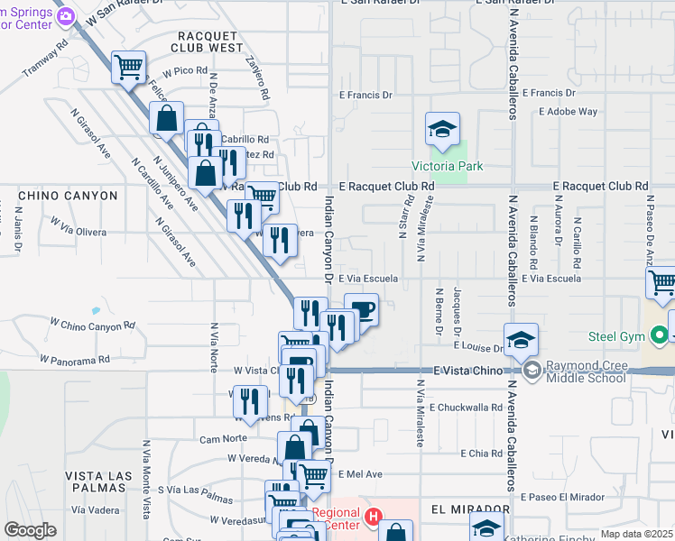 map of restaurants, bars, coffee shops, grocery stores, and more near 2 North Indian Canyon Drive in Palm Springs
