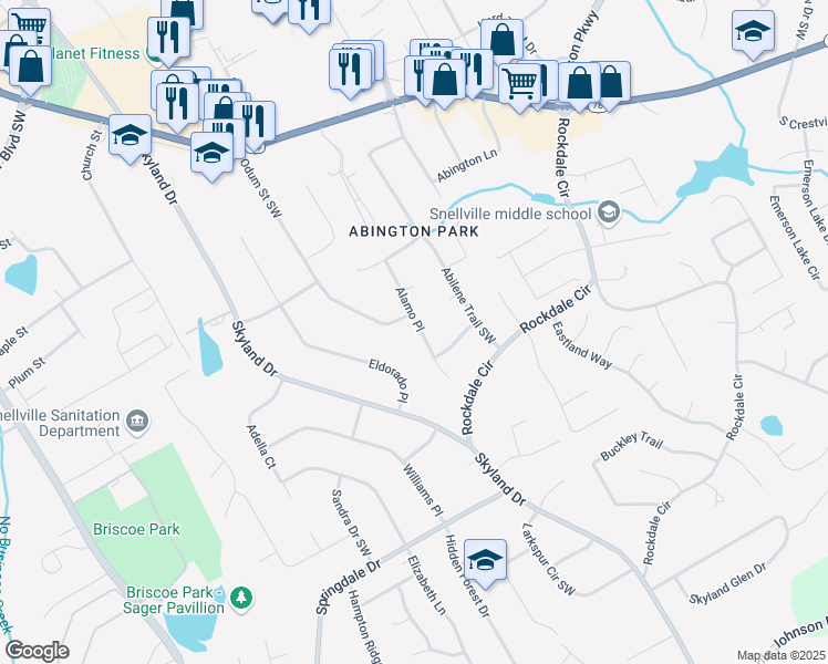 map of restaurants, bars, coffee shops, grocery stores, and more near 2807 Alamo Place in Snellville