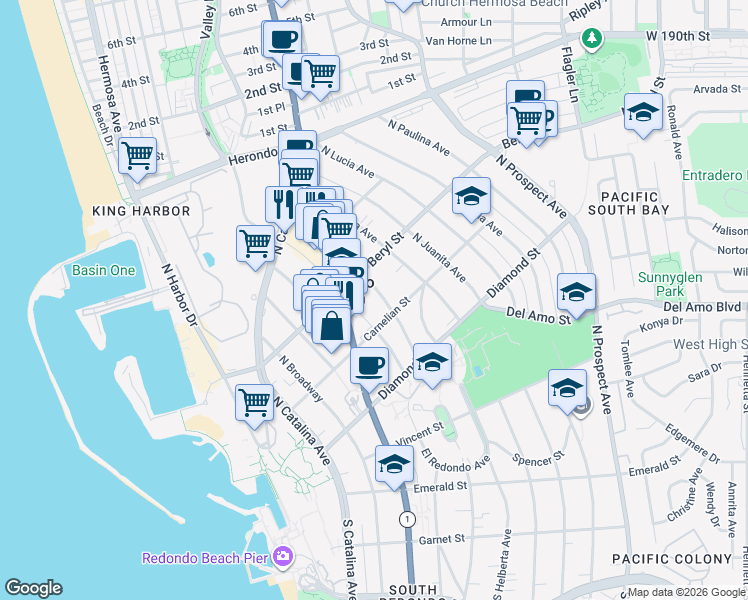 map of restaurants, bars, coffee shops, grocery stores, and more near 428 North Gertruda Avenue in Redondo Beach