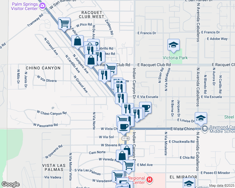map of restaurants, bars, coffee shops, grocery stores, and more near 2100 North Palm Canyon Drive in Palm Springs