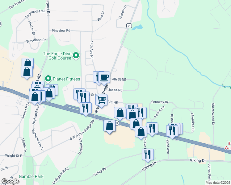 map of restaurants, bars, coffee shops, grocery stores, and more near 1601 3rd Street Northeast in Jasper