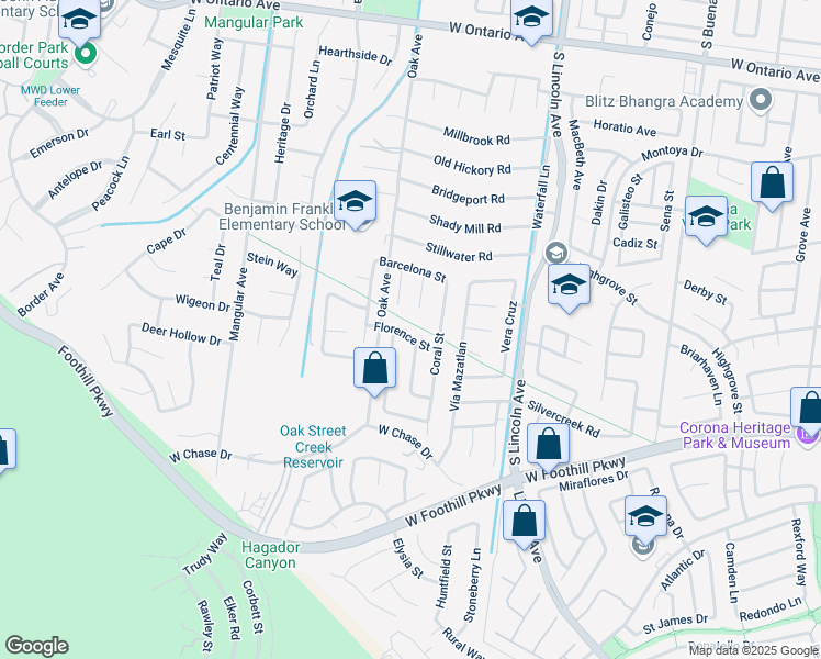 map of restaurants, bars, coffee shops, grocery stores, and more near 1261 Florence Street in Corona