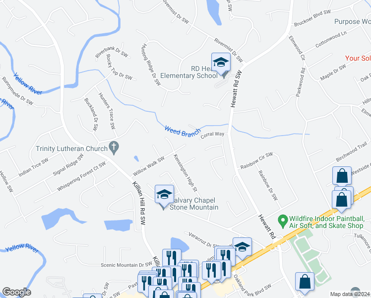 map of restaurants, bars, coffee shops, grocery stores, and more near 4102 Willow Walk Southwest in Lilburn