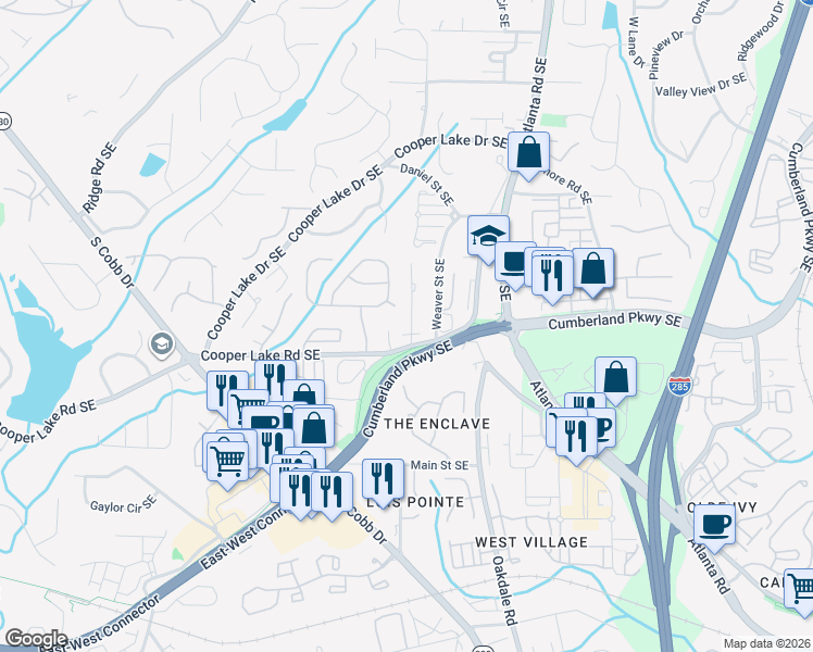 map of restaurants, bars, coffee shops, grocery stores, and more near 4300 Maner Street Southeast in Smyrna