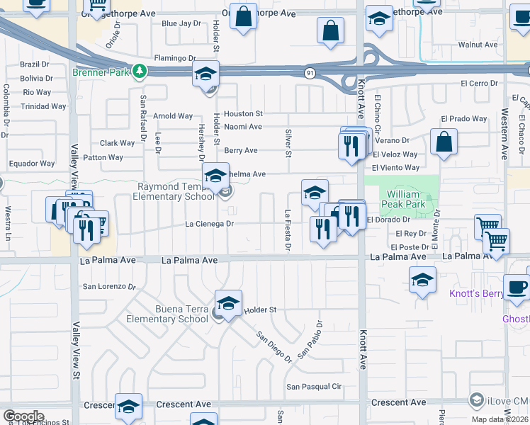 map of restaurants, bars, coffee shops, grocery stores, and more near 7836 La Corona Way in Buena Park