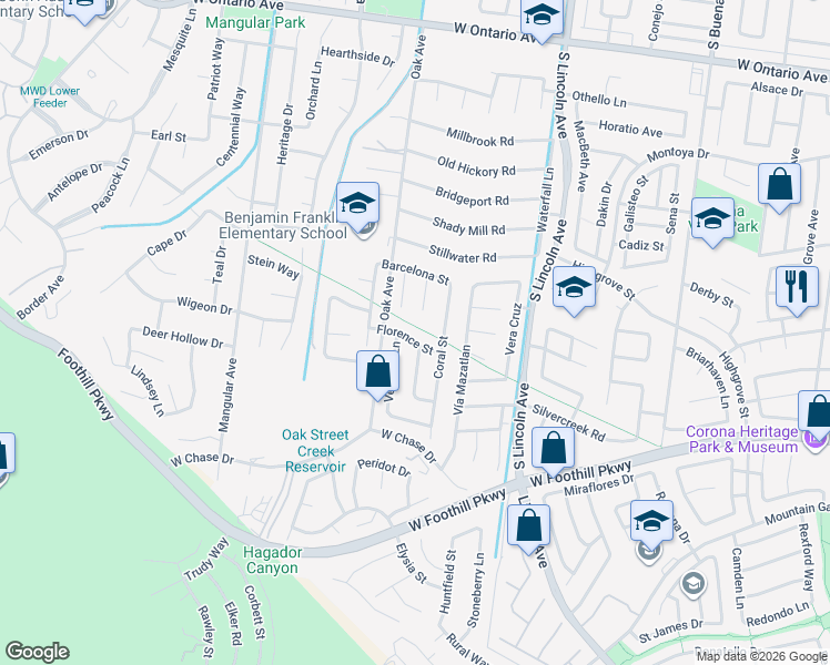 map of restaurants, bars, coffee shops, grocery stores, and more near 1261 Florence Street in Corona