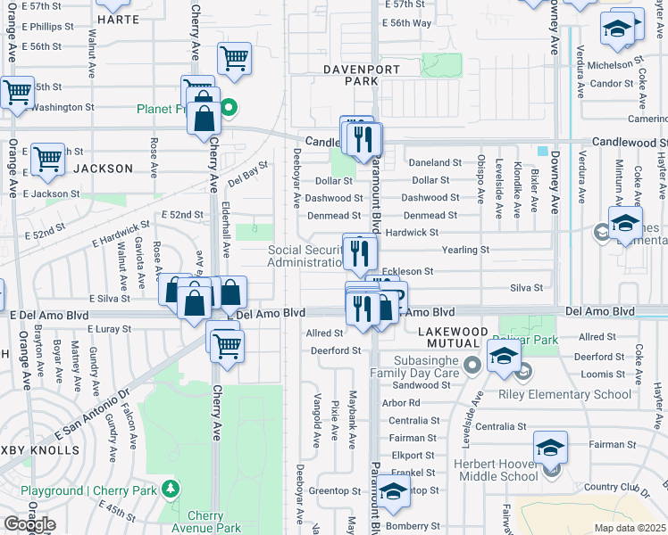 map of restaurants, bars, coffee shops, grocery stores, and more near 2513 Eckleson Street in Lakewood
