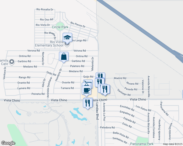 map of restaurants, bars, coffee shops, grocery stores, and more near 67895 Medano Road in Cathedral City