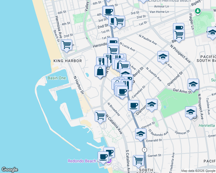 map of restaurants, bars, coffee shops, grocery stores, and more near 517 North Francisca Avenue in Redondo Beach