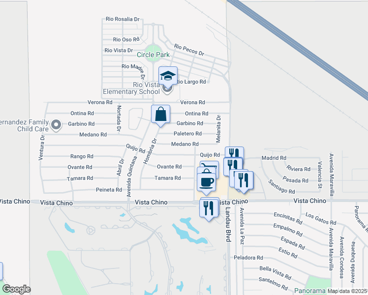 map of restaurants, bars, coffee shops, grocery stores, and more near 67745 Medano Road in Cathedral City